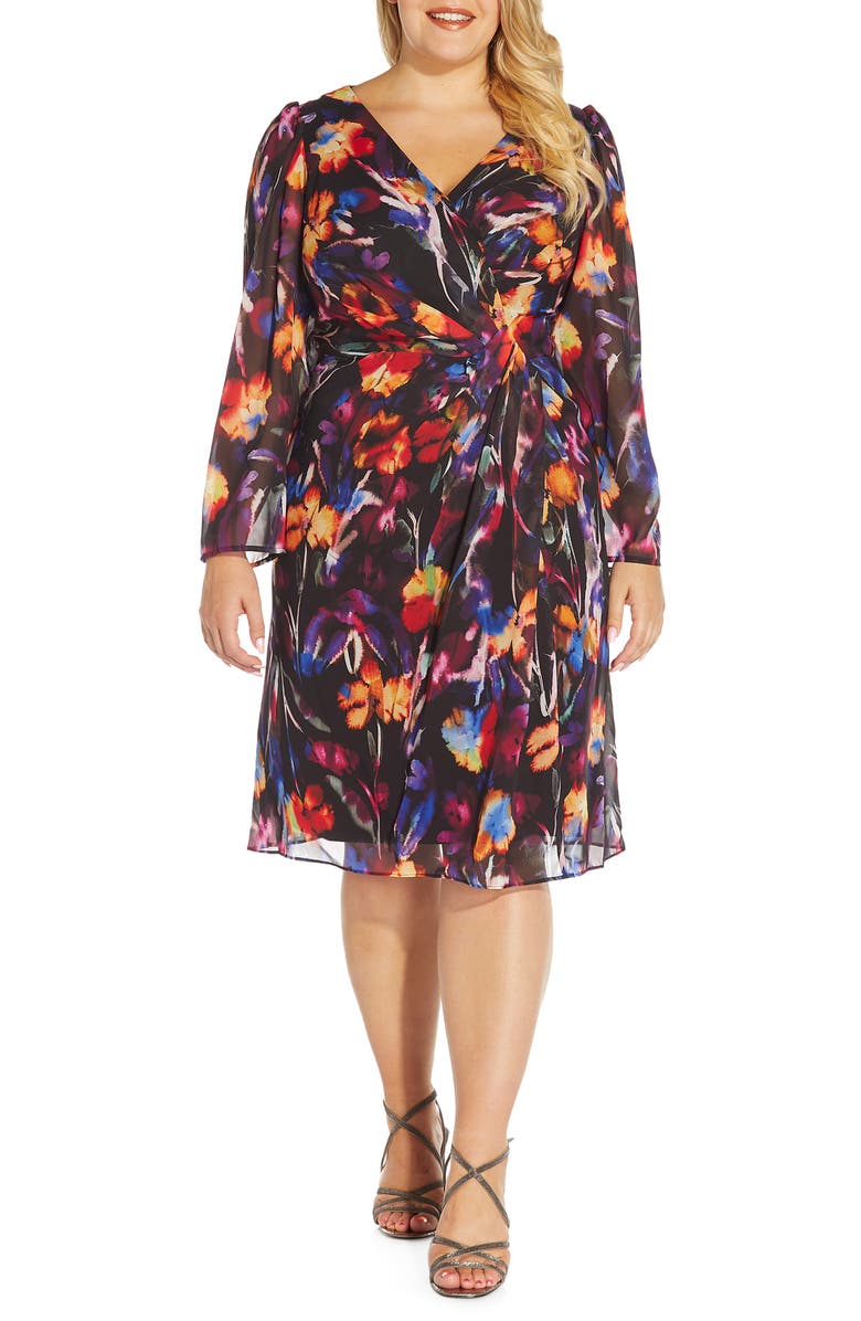 Adrianna Papell Watercolor Floral Long Sleeve Chiffon Cocktail Dress, Main, color,