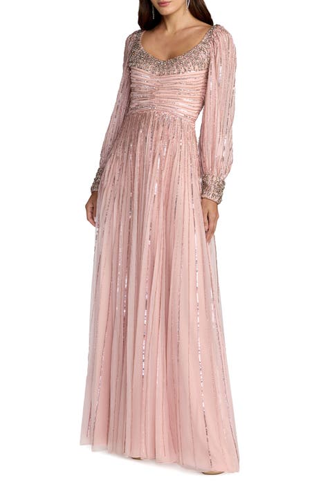 Embellished Long Sleeve Scoop Neck A-Line Gown