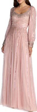 Mac Duggal Embellished Long Sleeve Scoop Neck A-Line Gown