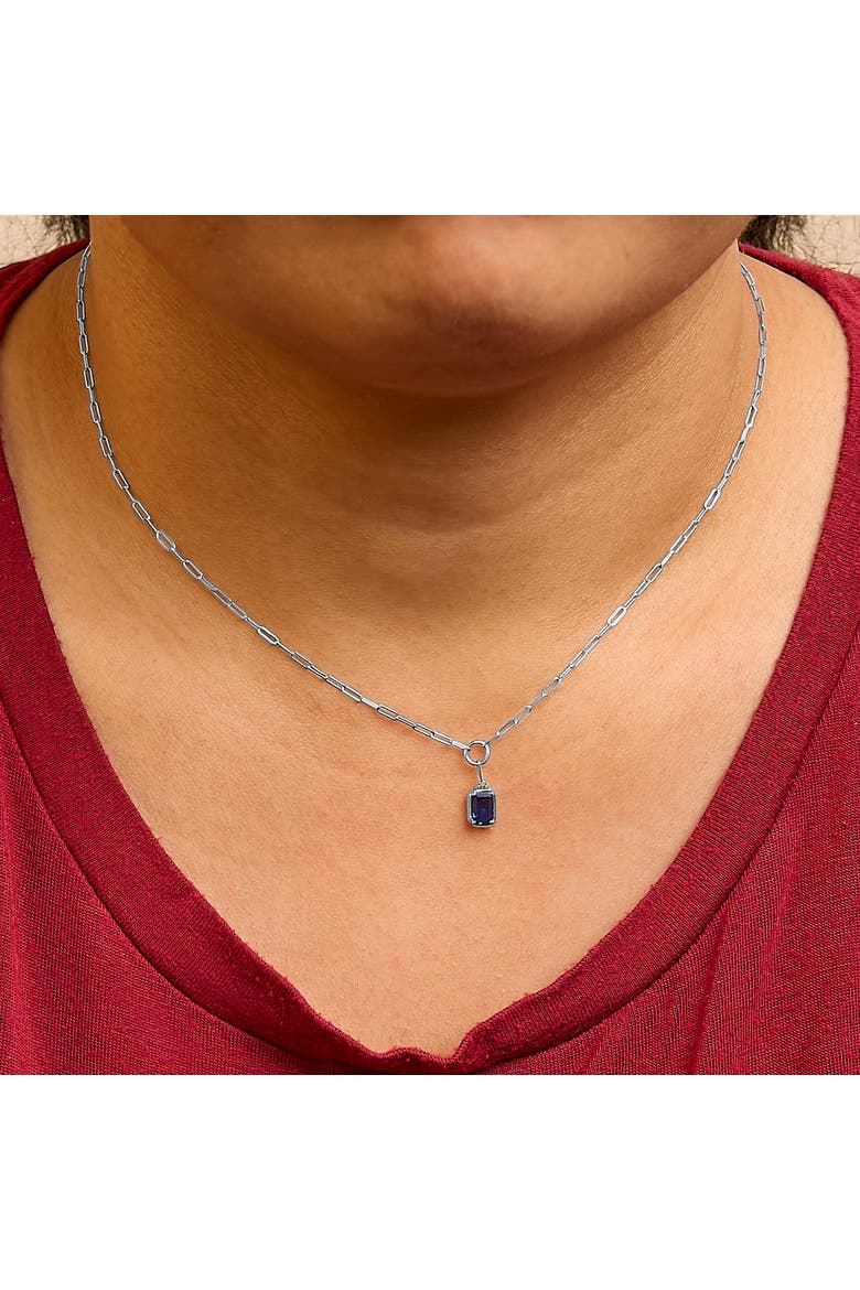 10K White Gold Emerald Cut 6x4 MM Blue Sapphire Solitaire Pendant Necklace, Alternate, color, White