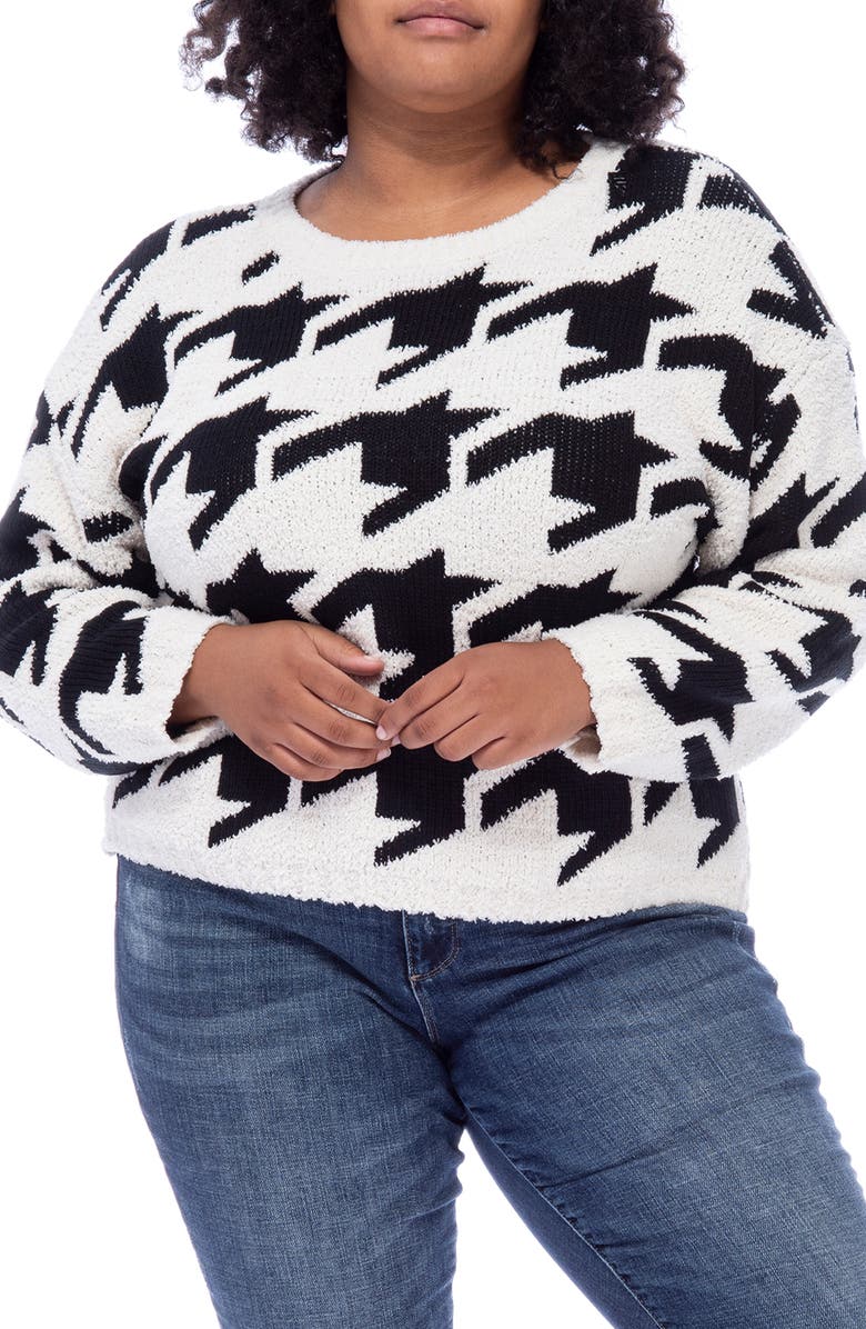 Bobeau Houndstooth Crewneck Pullover Sweater, Alternate, color,