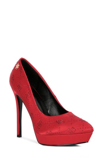 Rag & Co Ballard Red Monogram Satin Stiletto Pumps In Red