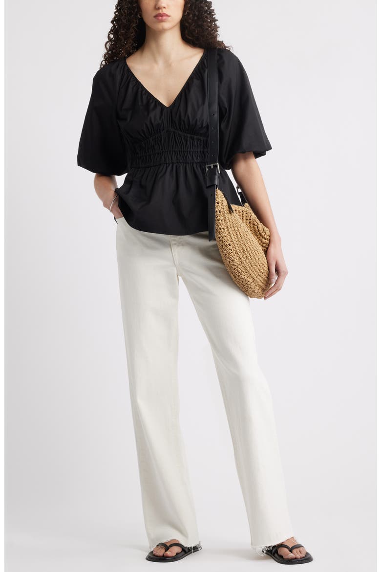 Puff Sleeve Cotton Poplin Shirt, Alternate, color, BLACK