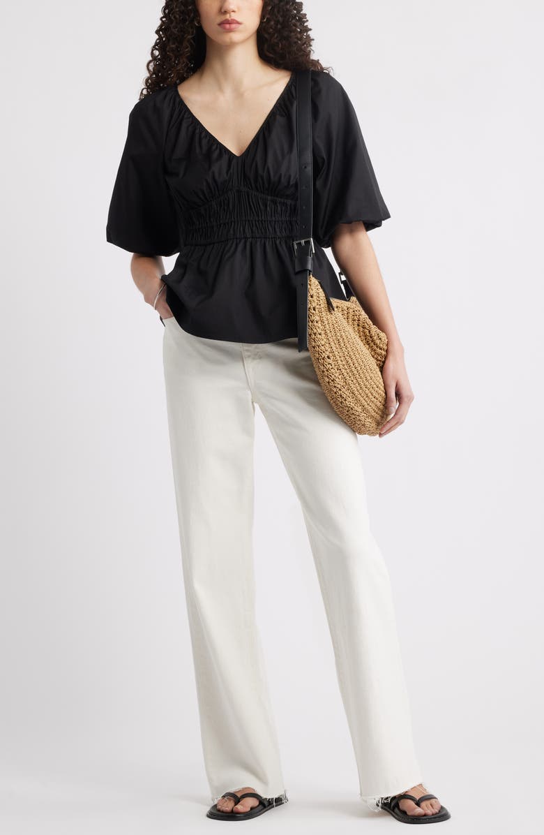 Nordstrom Puff Sleeve Cotton Poplin Shirt, Alternate, color, Black