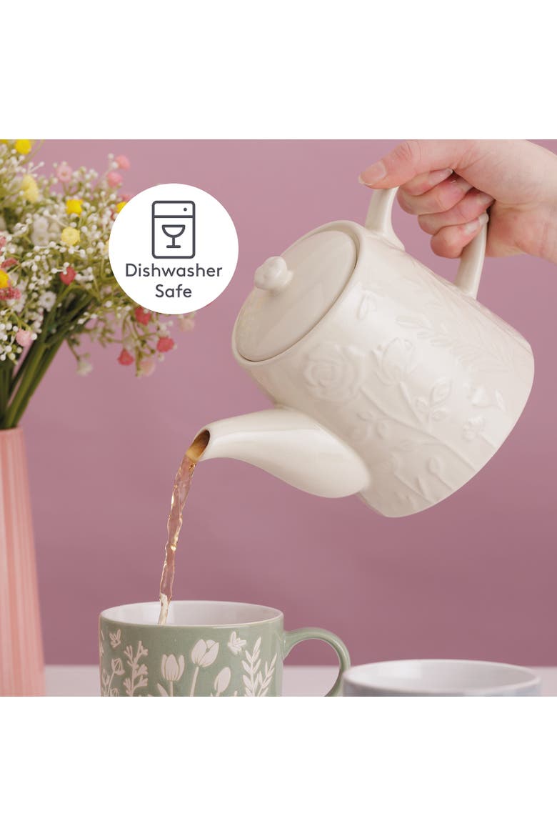 In the Meadow Teapot, 34 fl oz Stoneware Teapot with Embossed Floral Design, Alternate, color, Cream