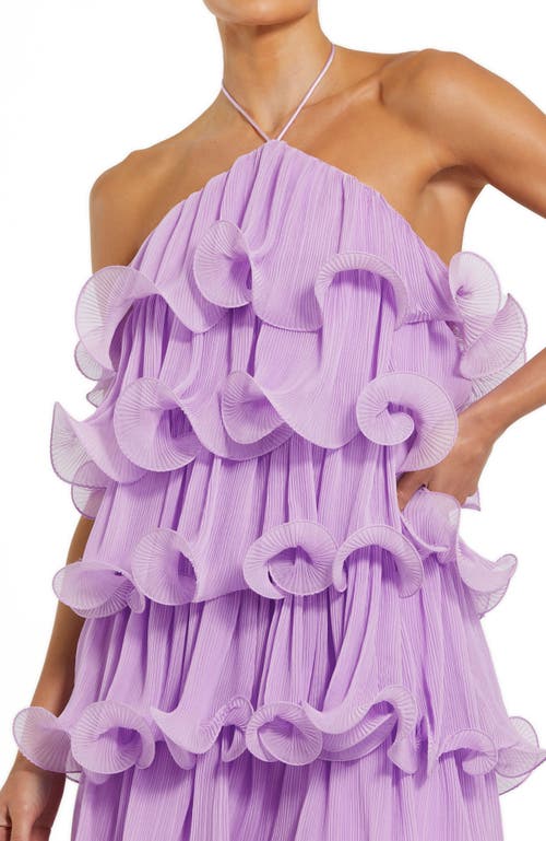 Mac Duggal Halter Tiered Ruffle Crinkle Chiffon Mini Dress In Lilac
