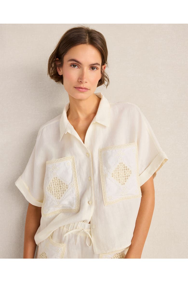 Organic Cotton Linen Embroidered Pocket Top, Main, color, Ivory