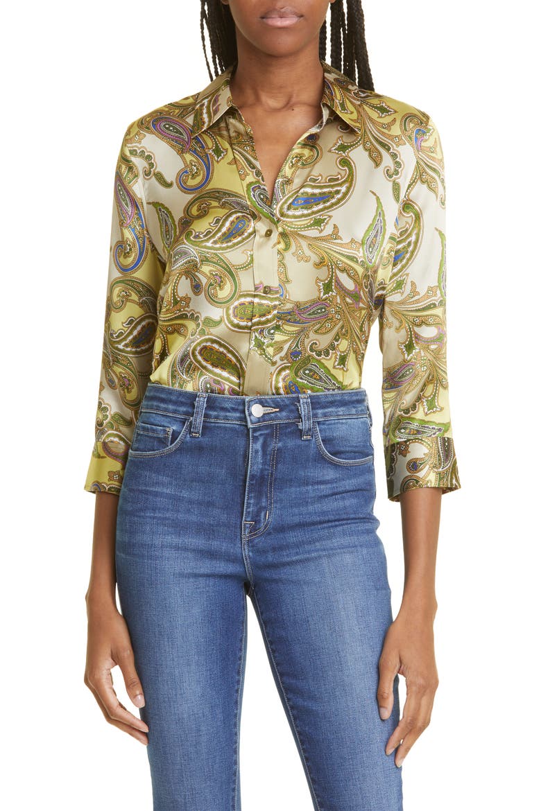 Dani Silk Button-Up Blouse, Main, color, MULTI TEXTURED PAISLEY