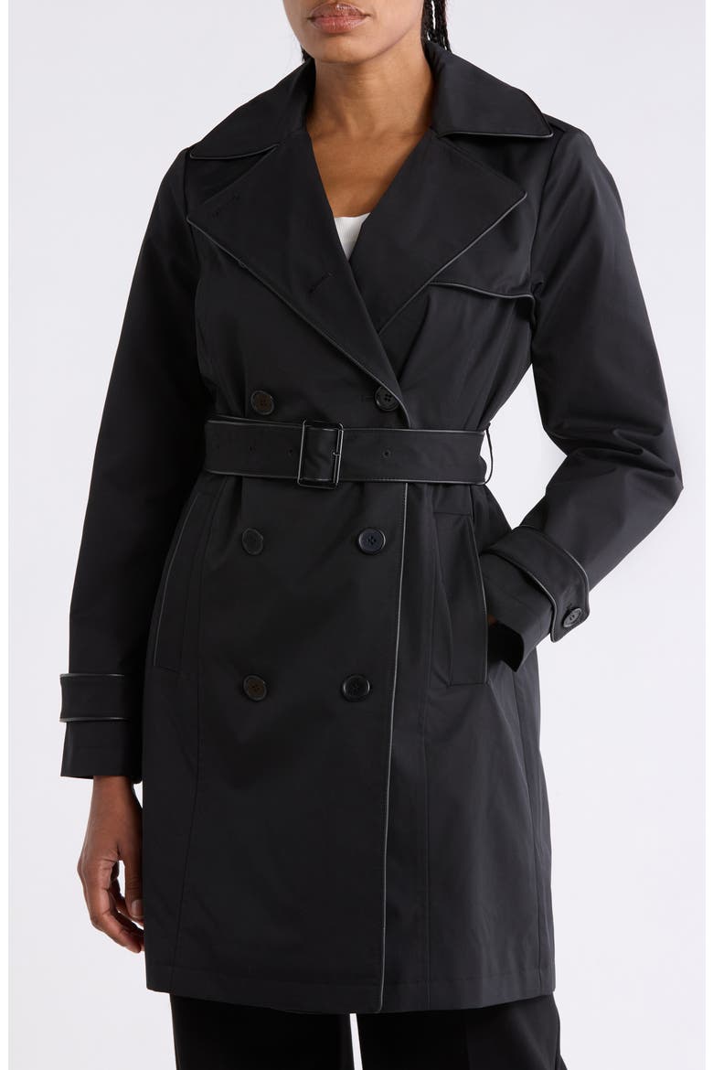 Double Breasted Long Trench Coat, Main, color, BLACK