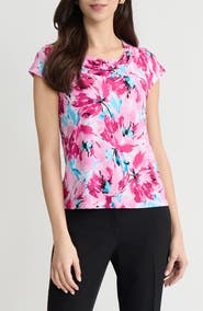 KASPER Floral Cowl Neck Cap Sleeve Top