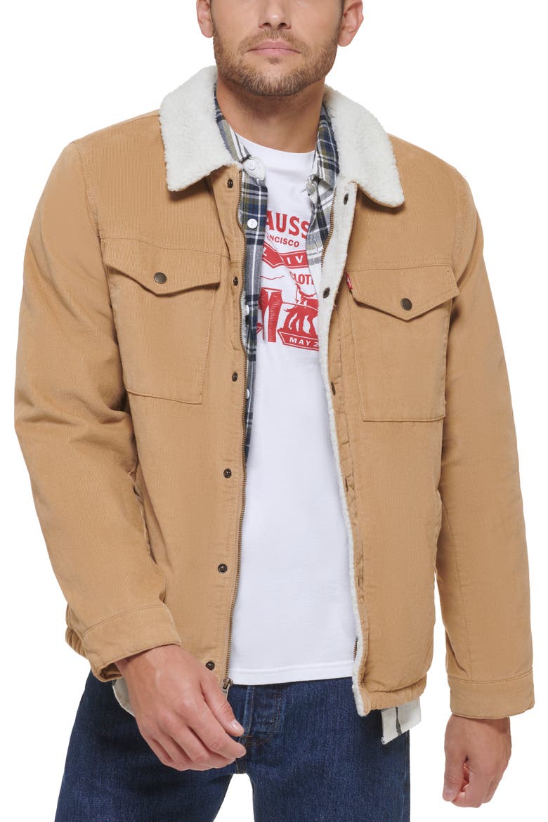 Corduroy Faux Shearling Lined Trucker Jacket, Alternate, color, TAN
