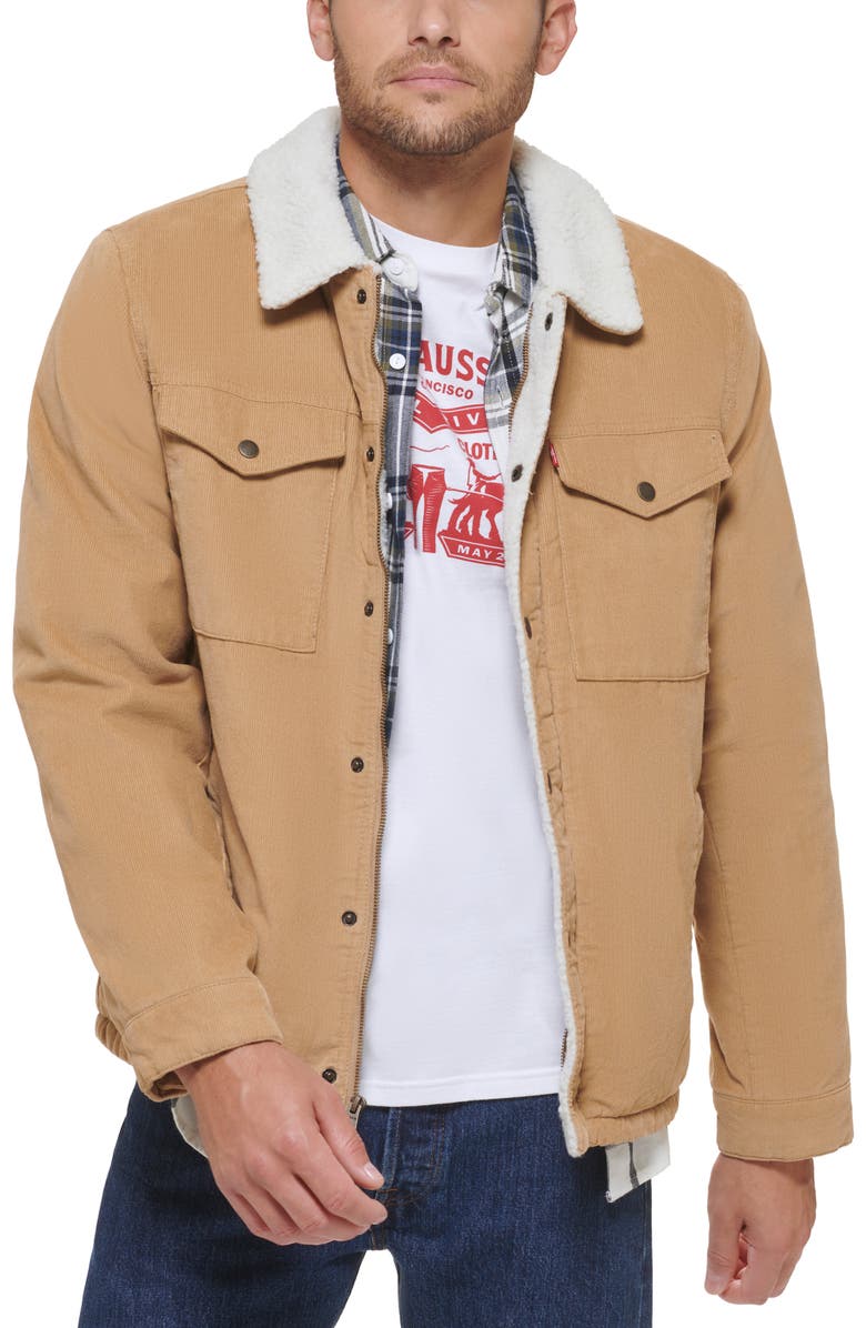 Levi's<sup>®</sup> Corduroy Faux Shearling Lined Trucker Jacket, Alternate, color, Tan