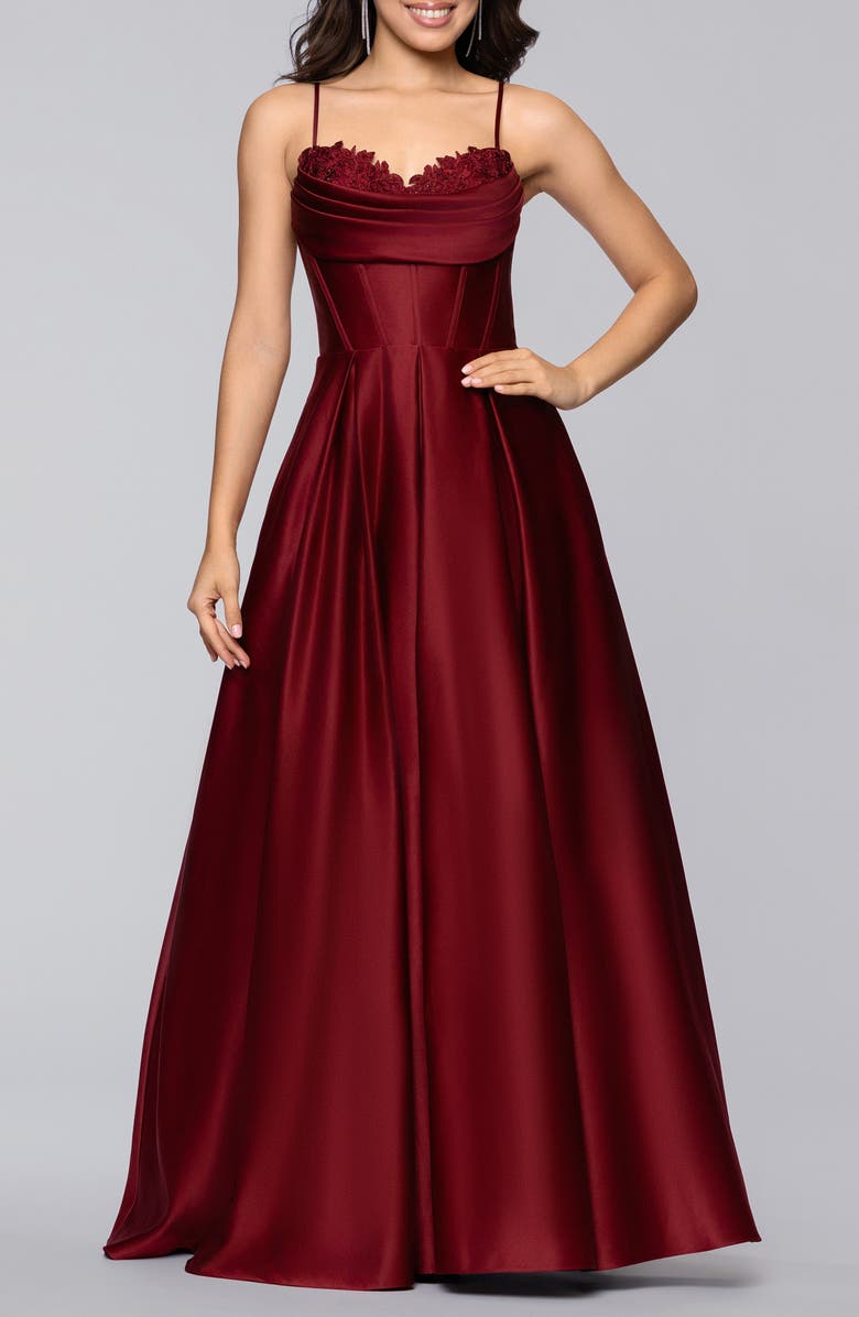 Blondie Nites Beaded Embroidery Detail Satin Gown, Main, color, Wine