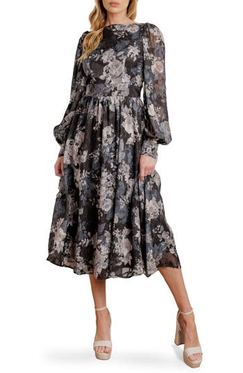 Flying Tomato Floral Long Sleeve Fit & Flare Midi Dress In Black