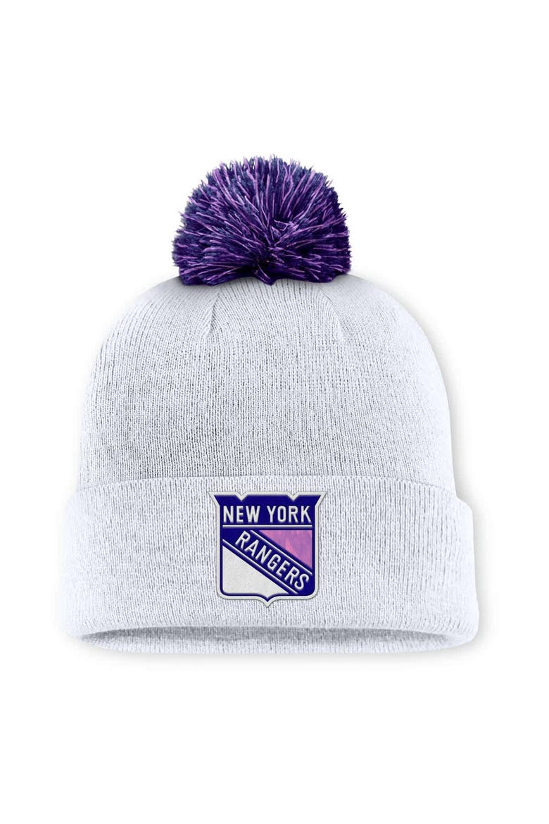 Men's Fanatics  White New York Rangers Authentic Pro Hockey Fights Cancer Cuffed Knit Hat with Pom, Main, color, White