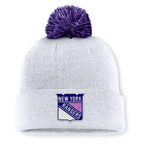 Men's Fanatics  White New York Rangers Authentic Pro Hockey Fights Cancer Cuffed Knit Hat with Pom