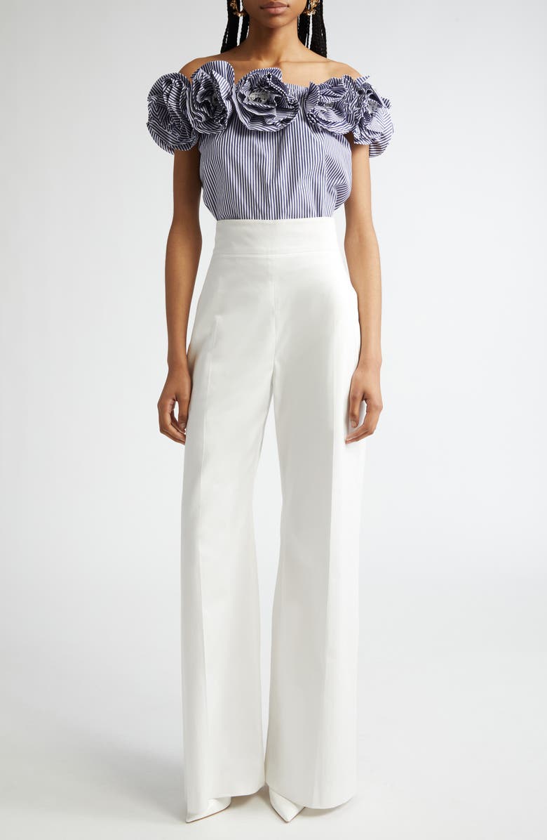 Carolina Herrera Embroidered Flower Off the Shoulder Top, Alternate, color, White/ Blue