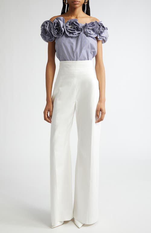 Carolina Herrera Ruffled Off-the-shoulder Striped Cotton-poplin Top In Blue
