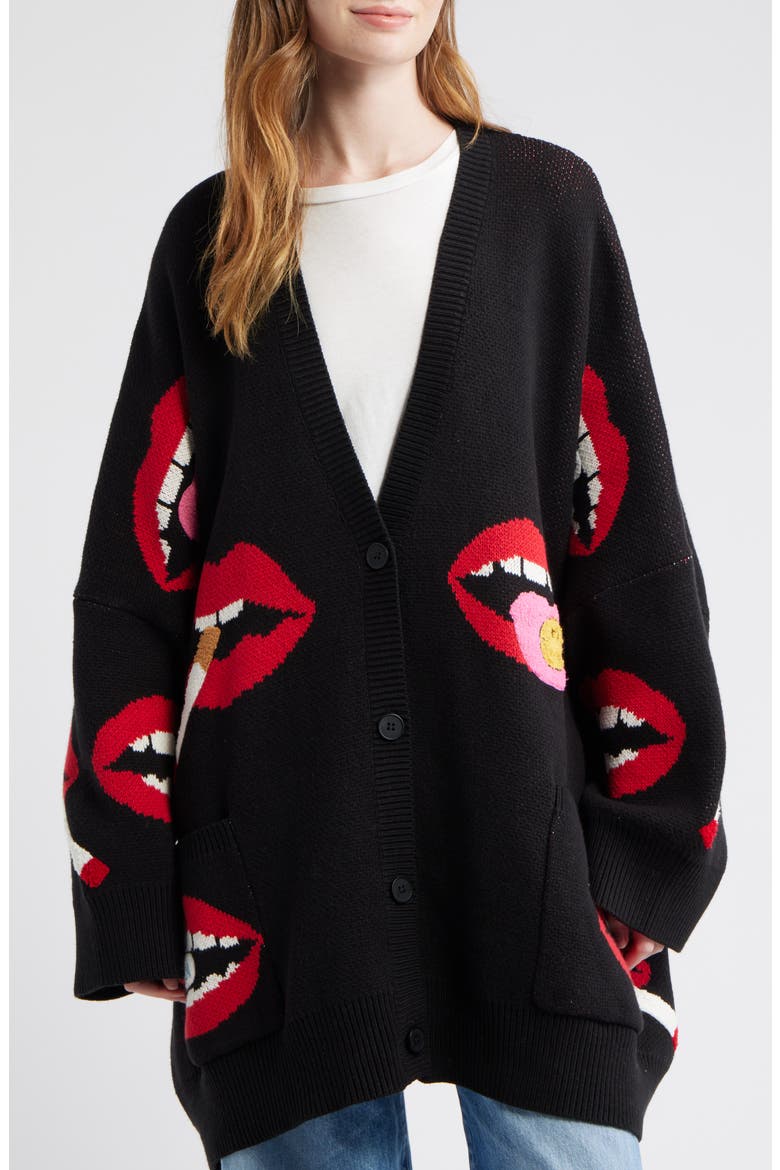 Smoking Mouth Oversize Cardigan, Alternate, color, BLACK