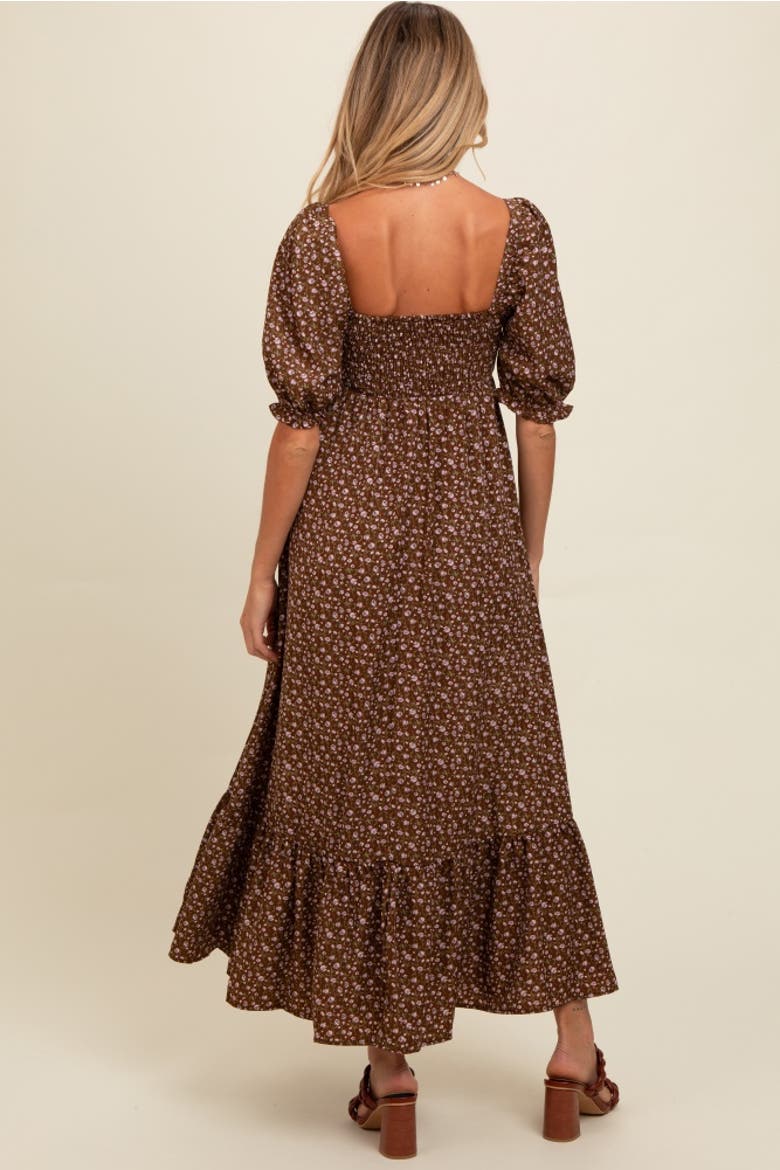 Floral Pleated Bodice Maxi Dress, Alternate, color, Mocha