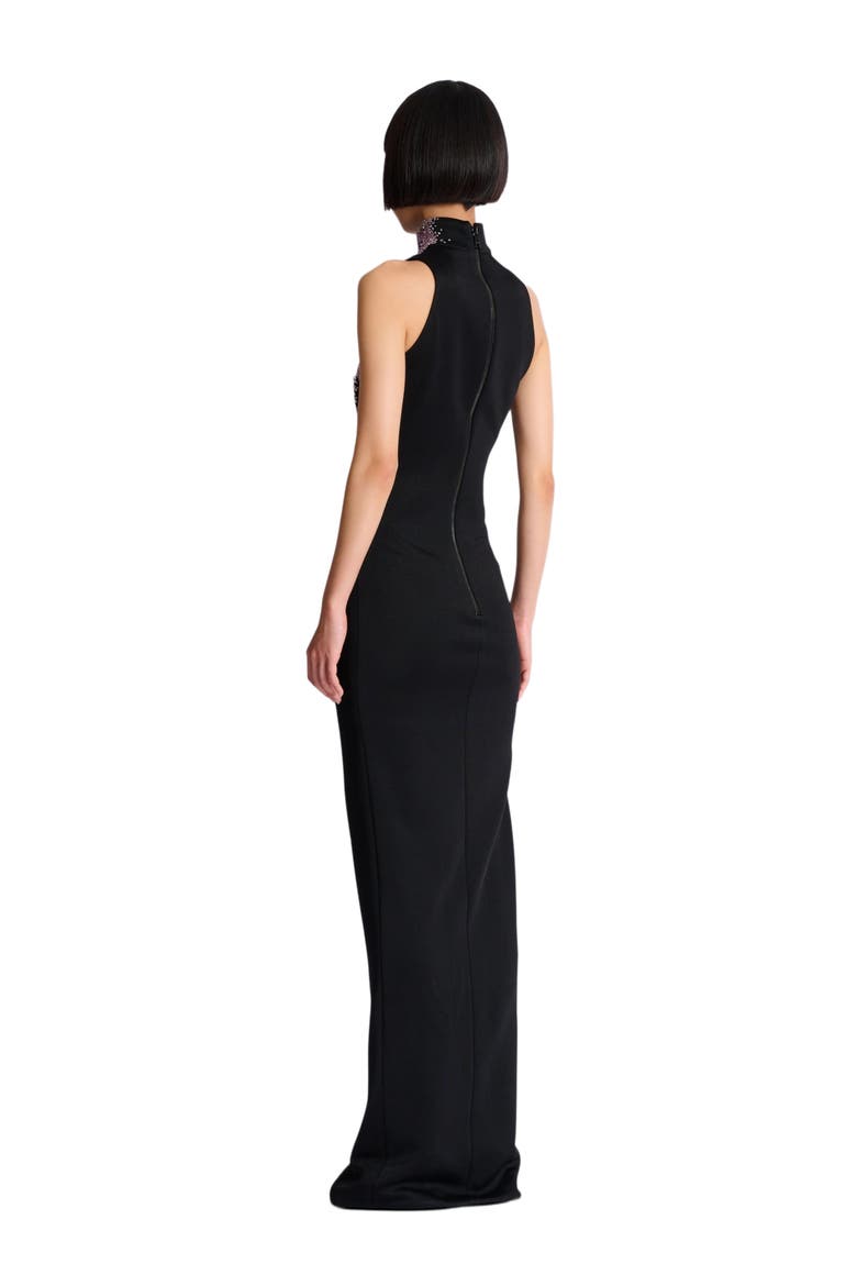 Milano jersey halterneck dress with "Amethyst" embroidery, Alternate, color, black