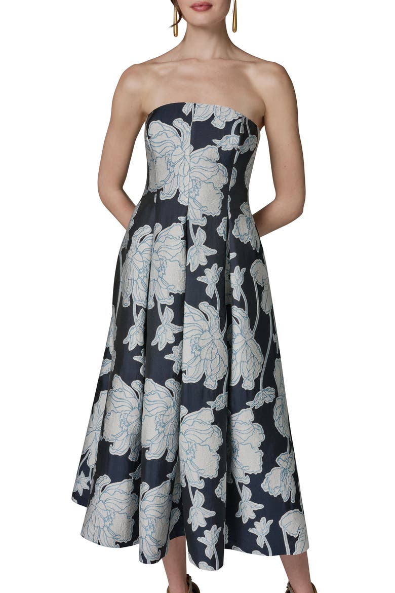 Floral Jacquard Strapless Dress, Main, color, NIGHTFALL/ CREAM