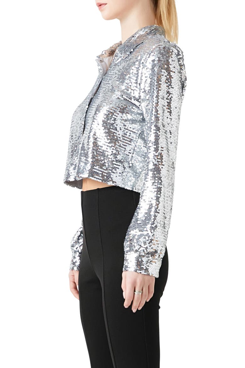 Sequin Hidden Placket Crop Button-Up Shirt, Alternate, color, SILVER