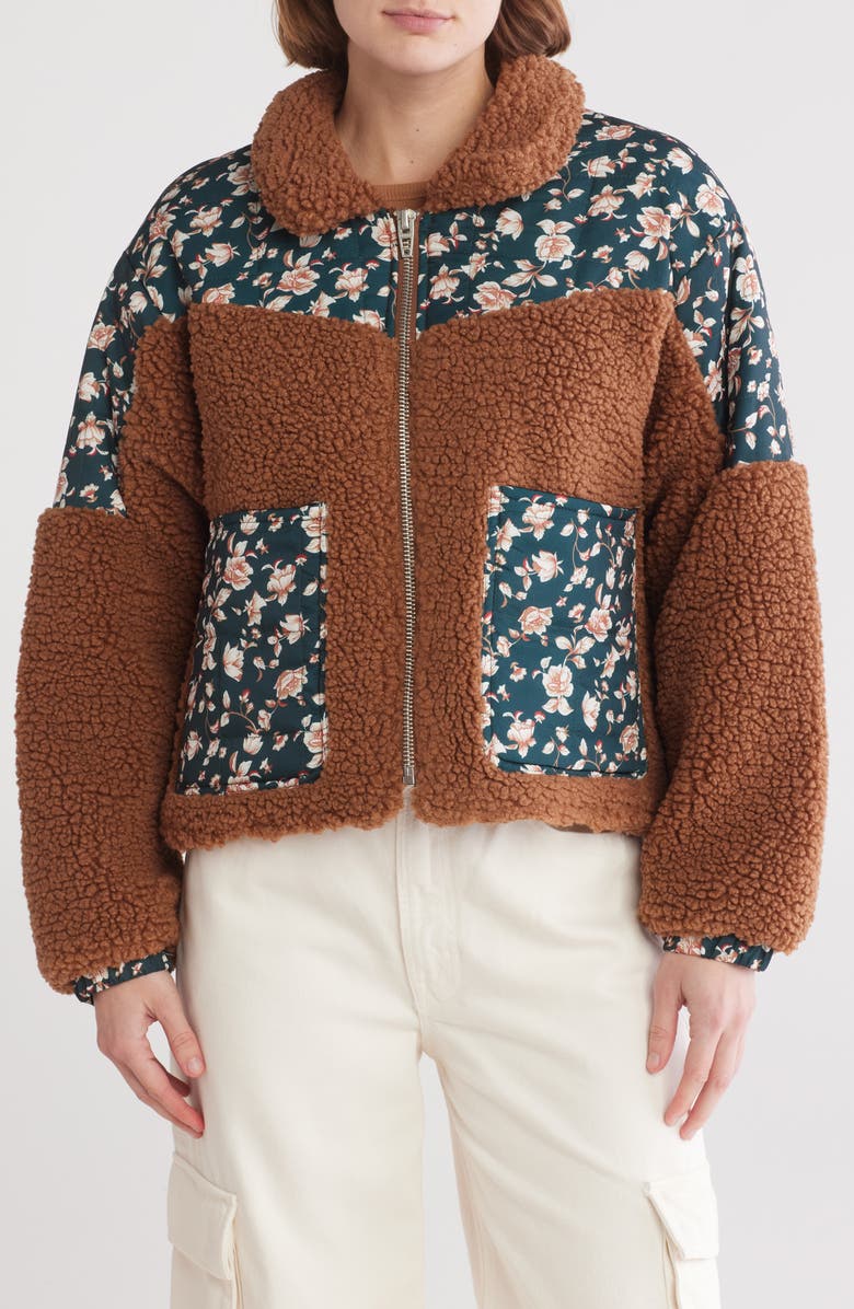 BLANKNYC Floral Quilted Trim Fleece Jacket, Main, color, 