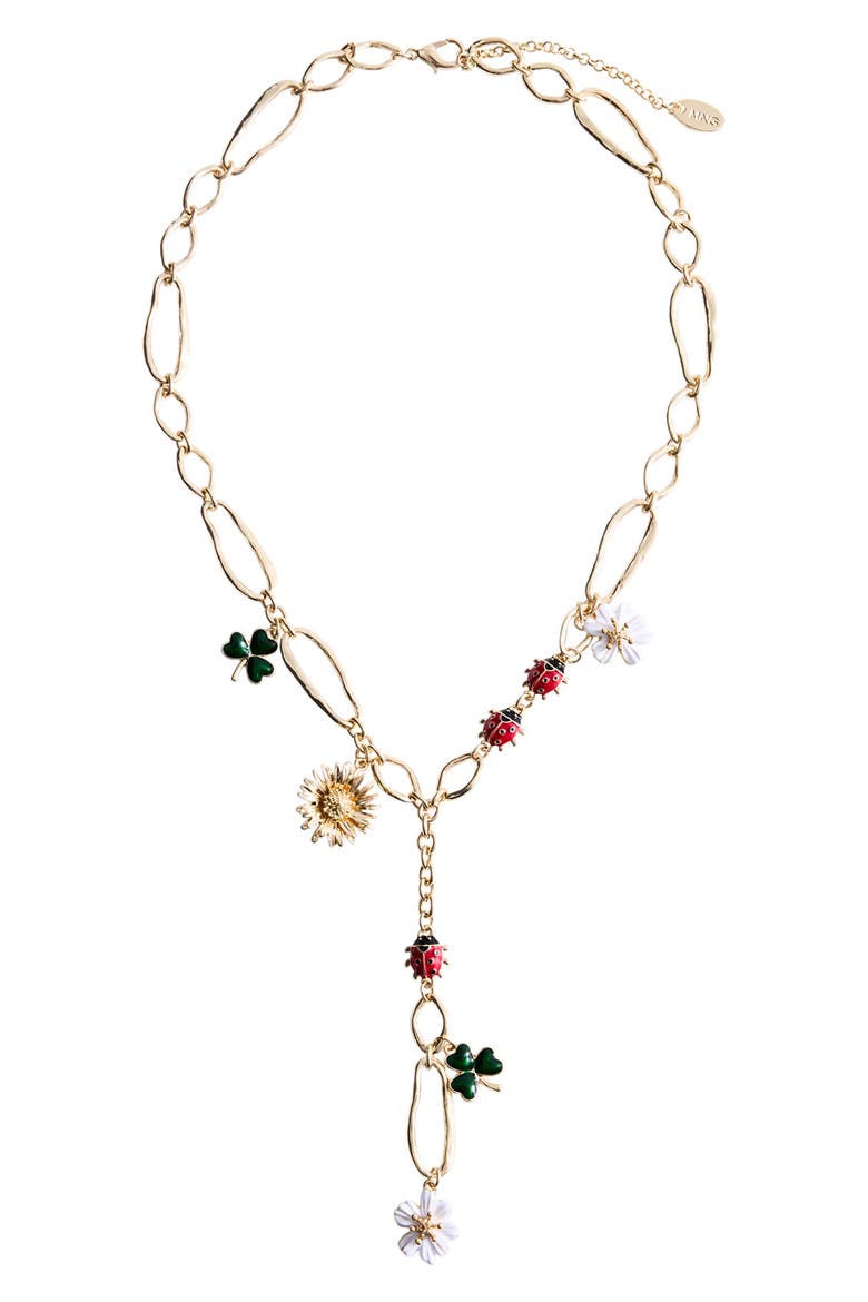 Flower and Ladybug Charm Y-Necklace, Main, color, GOLD