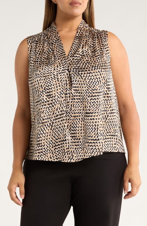 Abstract Print Pleated Sleeveless Top