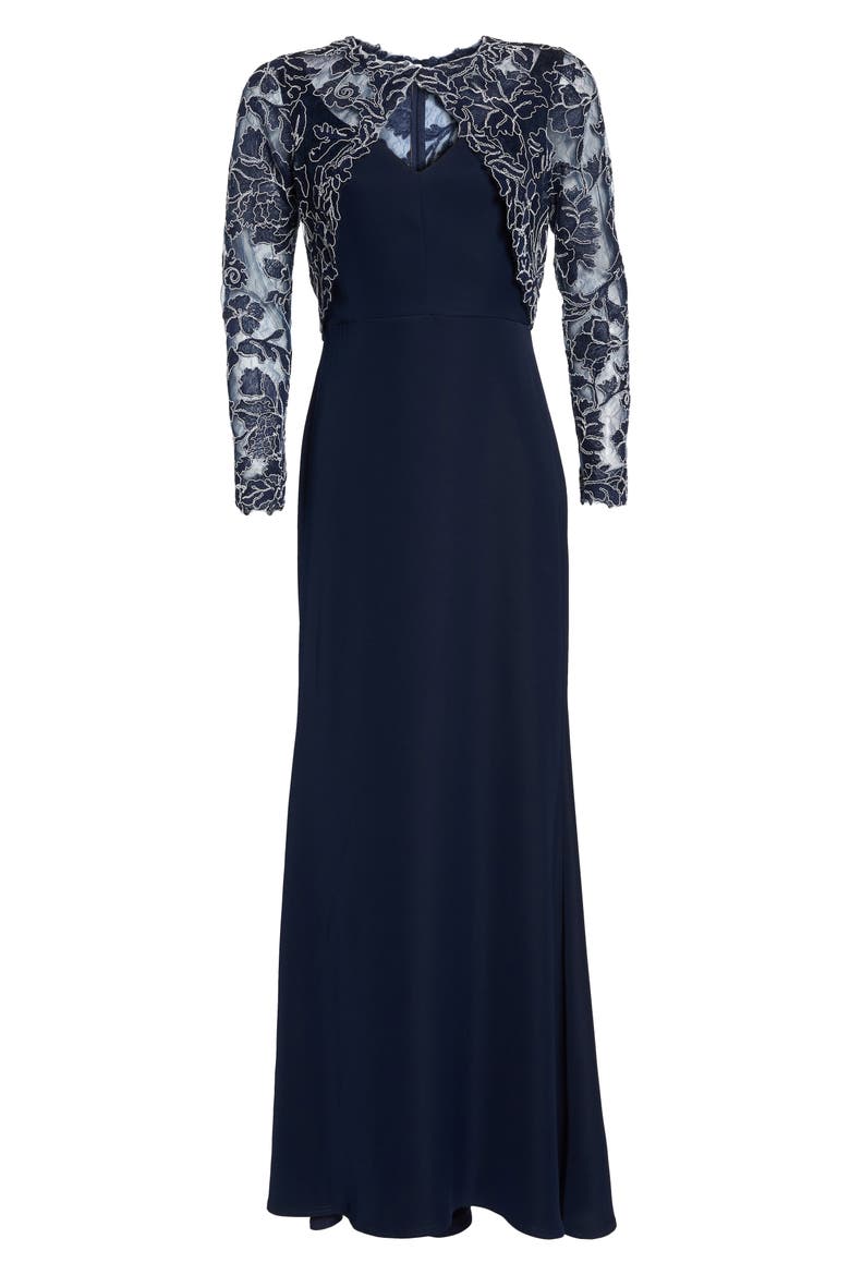 Crepe & Embroidered Lace Gown, Alternate, color, NAVY/ IVORY