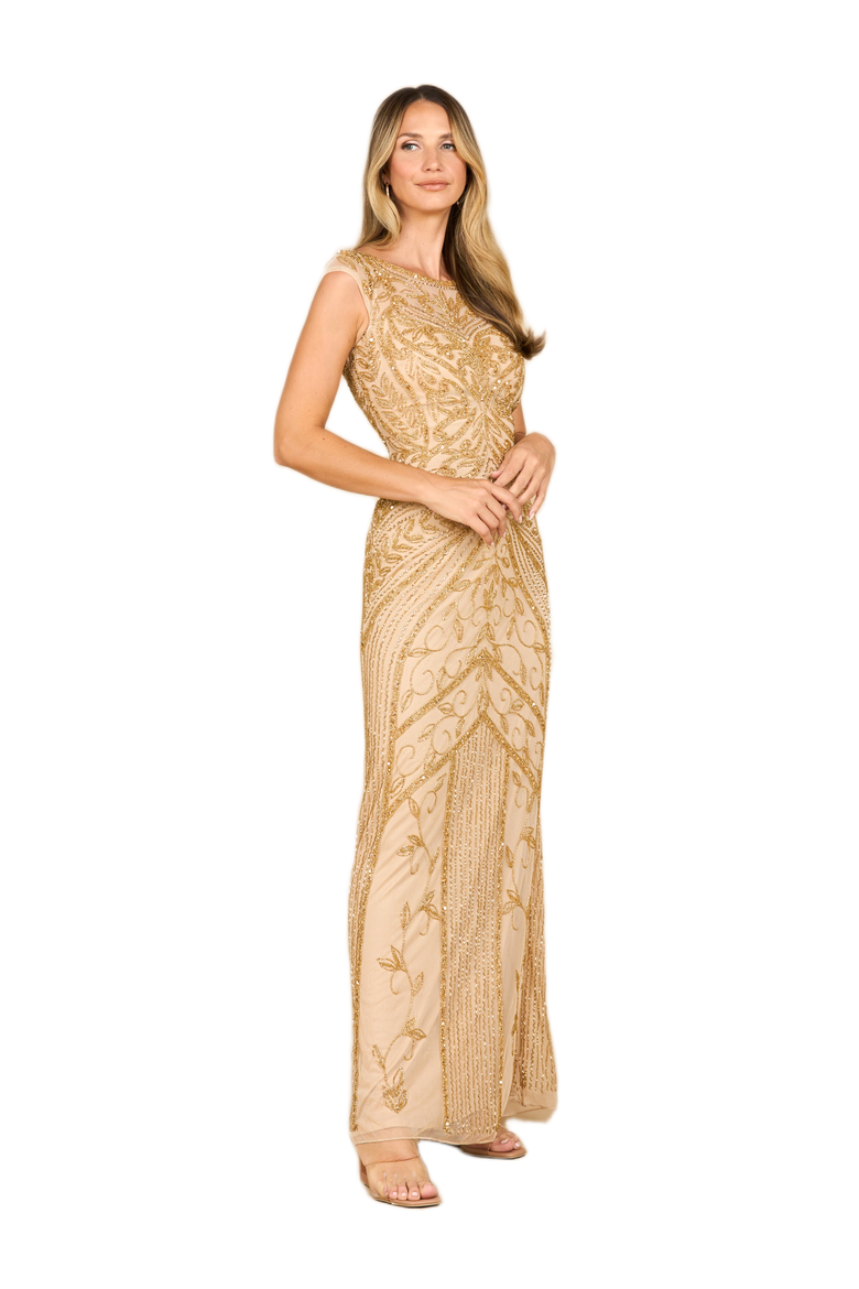 Beaded Cap Sleeve Sheath Gown, Main, color, Gold