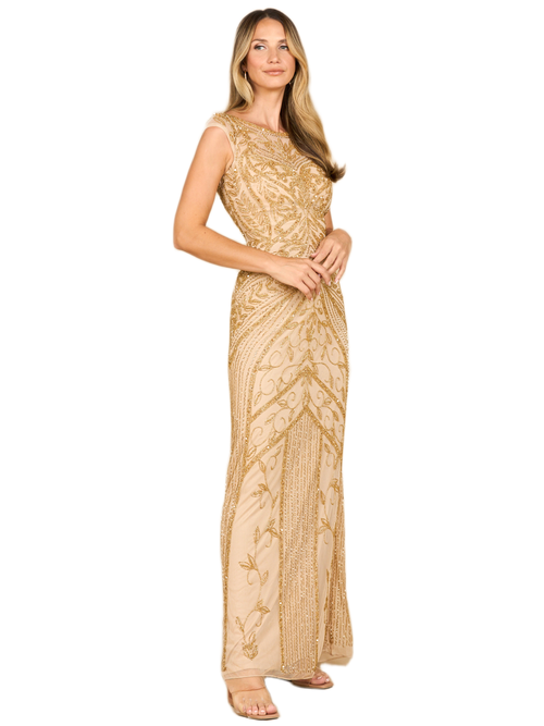 Lara New York Beaded Cap Sleeve Sheath Gown In Gold