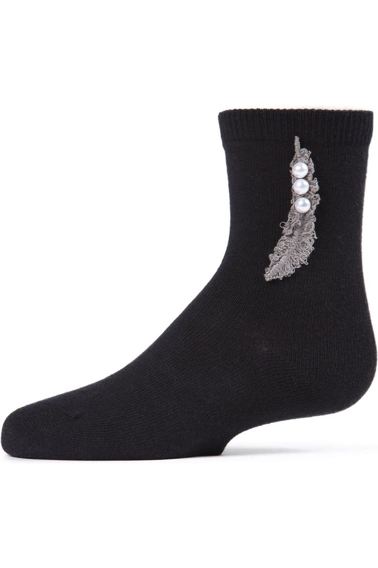 Feathery Combed Faux Pearl Crew Socks, Main, color, Black