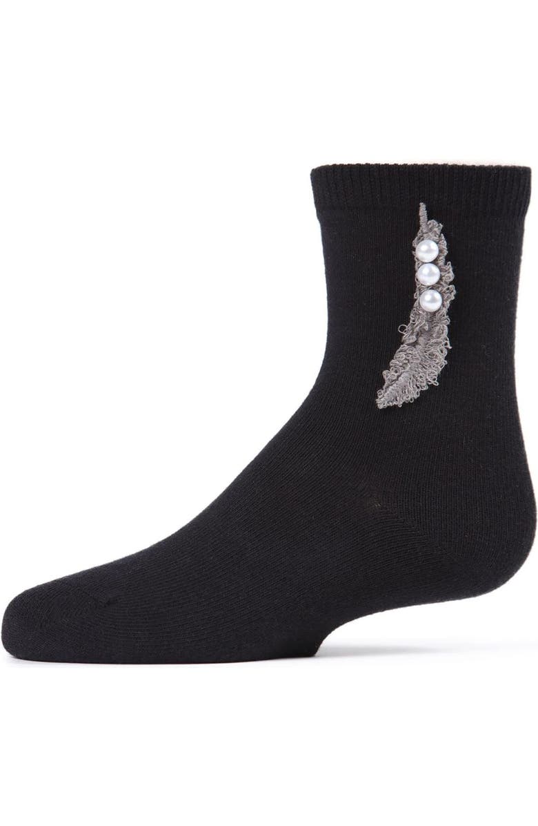MeMoi Feathery Combed Faux Pearl Crew Socks, Main, color, Black
