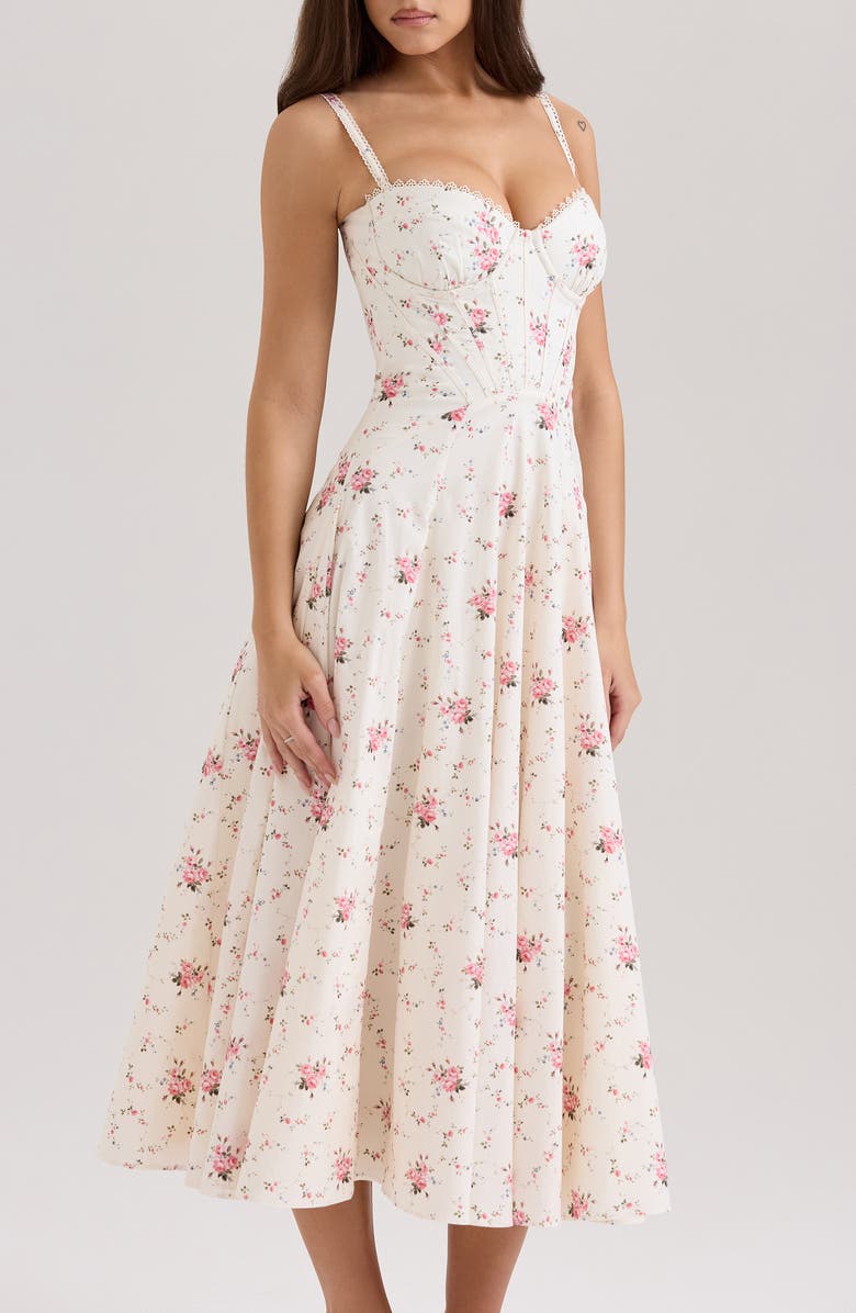 HOUSE OF CB Steffani Floral Corset Midi Sundress, Alternate, color, White Vintage Rose Print