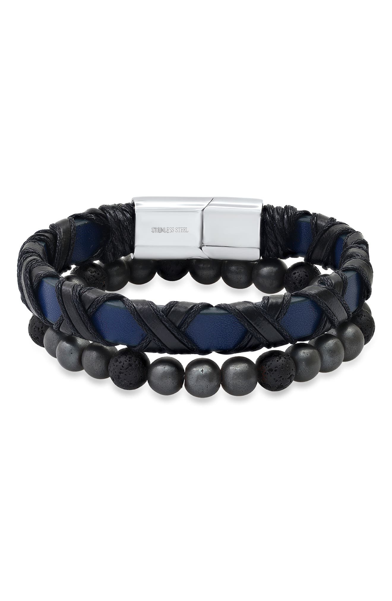 HMY JEWELRY Stainless Steel Wrapped Leather & Lava Rock Beaded Bracelet Set