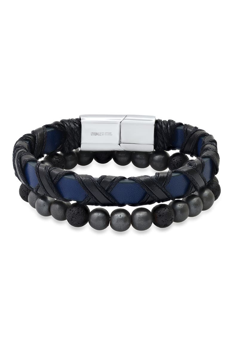Stainless Steel Wrapped Leather & Lava Rock Beaded Bracelet Set, Main, color, SILVER/BLACK/BLUE
