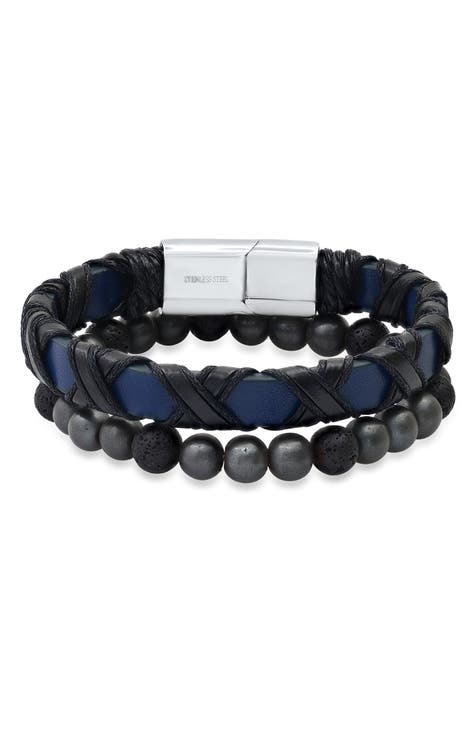 Stainless Steel Wrapped Leather & Lava Rock Beaded Bracelet Set