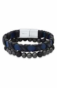 HMY JEWELRY Stainless Steel Wrapped Leather & Lava Rock Beaded Bracelet Set