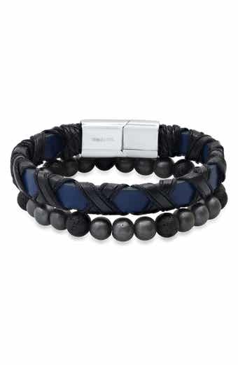 HMY JEWELRY Stainless Steel Wrapped Leather & Lava Rock Beaded Bracelet Set
