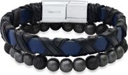 HMY JEWELRY Stainless Steel Wrapped Leather & Lava Rock Beaded Bracelet Set