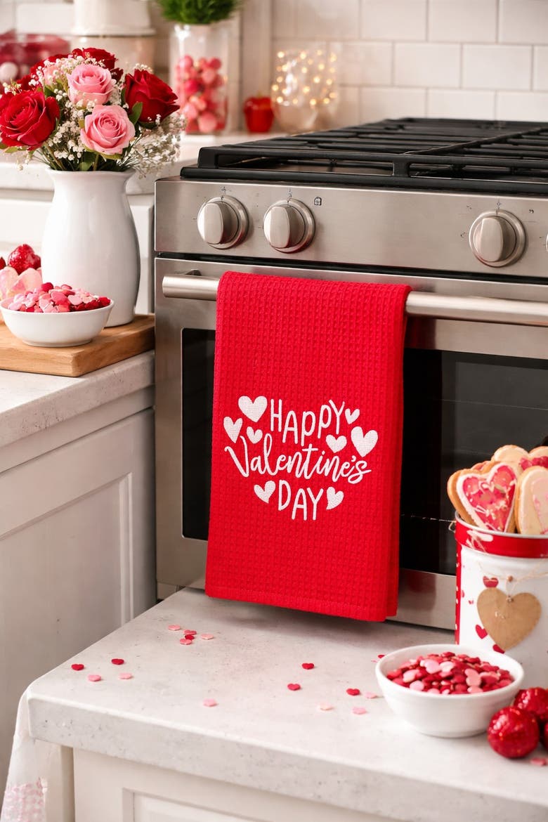 Happy Valentine's Day 100% Cotton Waffle Weave Handtowel, Alternate, color, Red