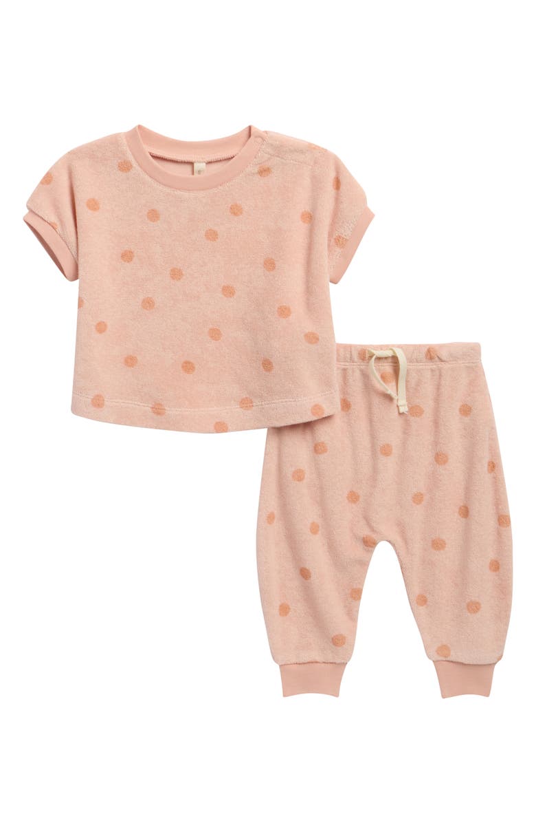 QUINCY MAE Kids' Polka Dot Terry T-Shirt & Pants Set, Main, color, Melon