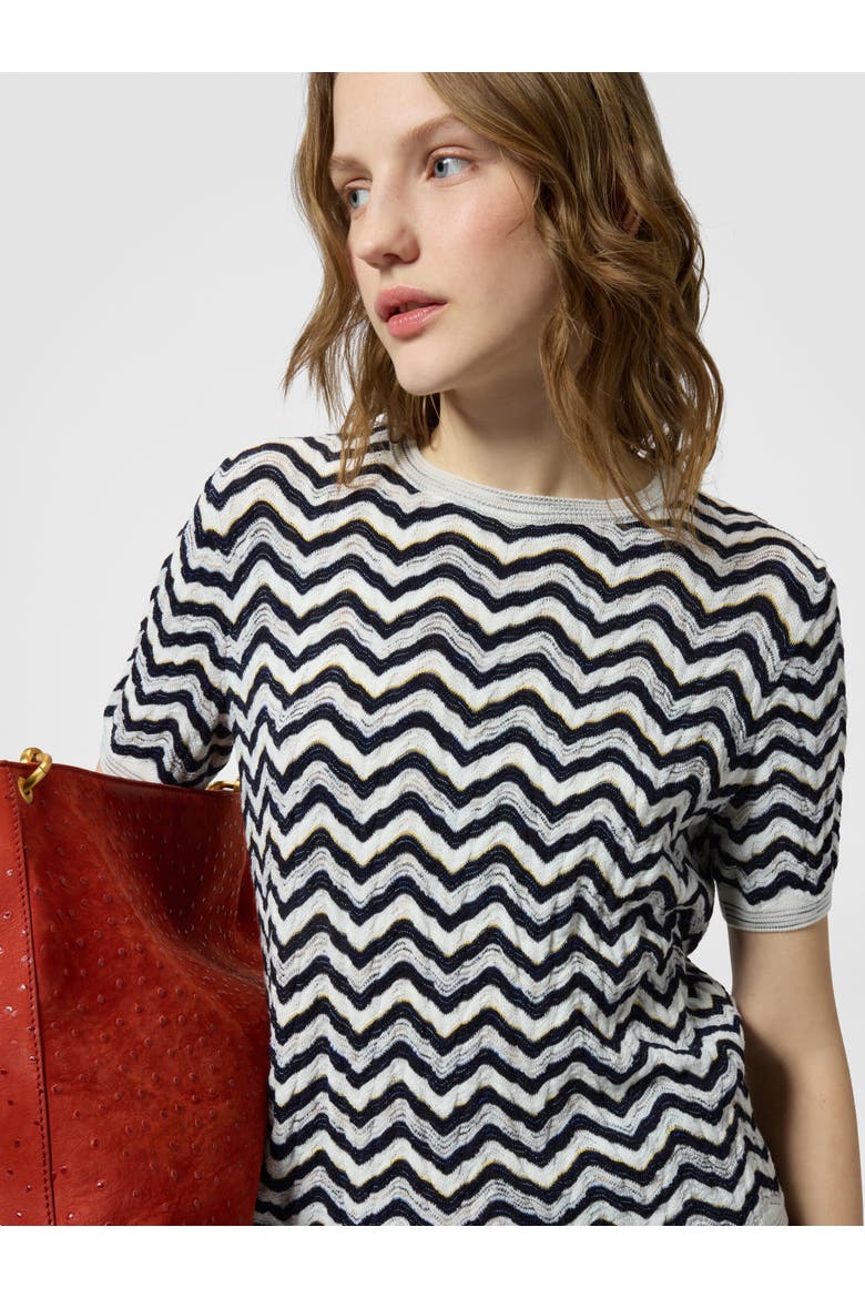 Short-sleeve Wool And Viscose Top With Wave Motif, Alternate, color, Blue& White