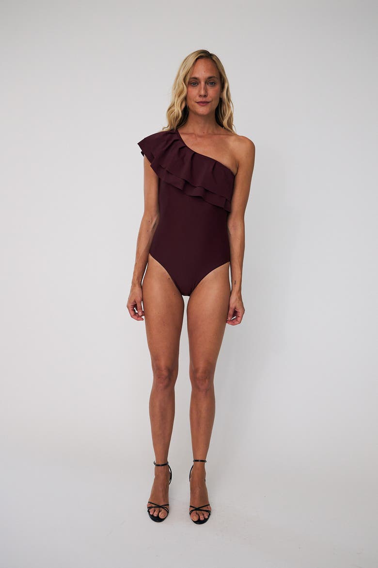 Najacras Ruffle One Shoulder Swimsuit, Alternate, color, Port Royal