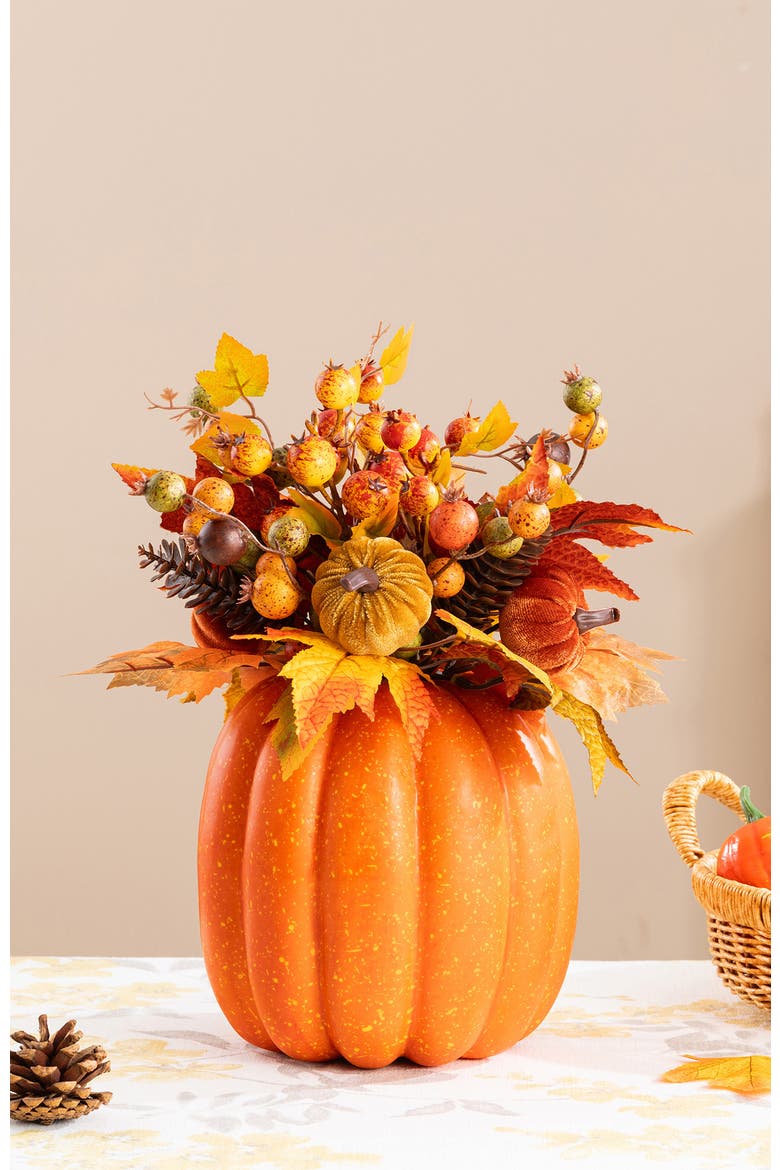 15"H Fall Velvet Pumpkin, Pinecone & Berry Centerpiece Table Decor, Alternate, color, Orange