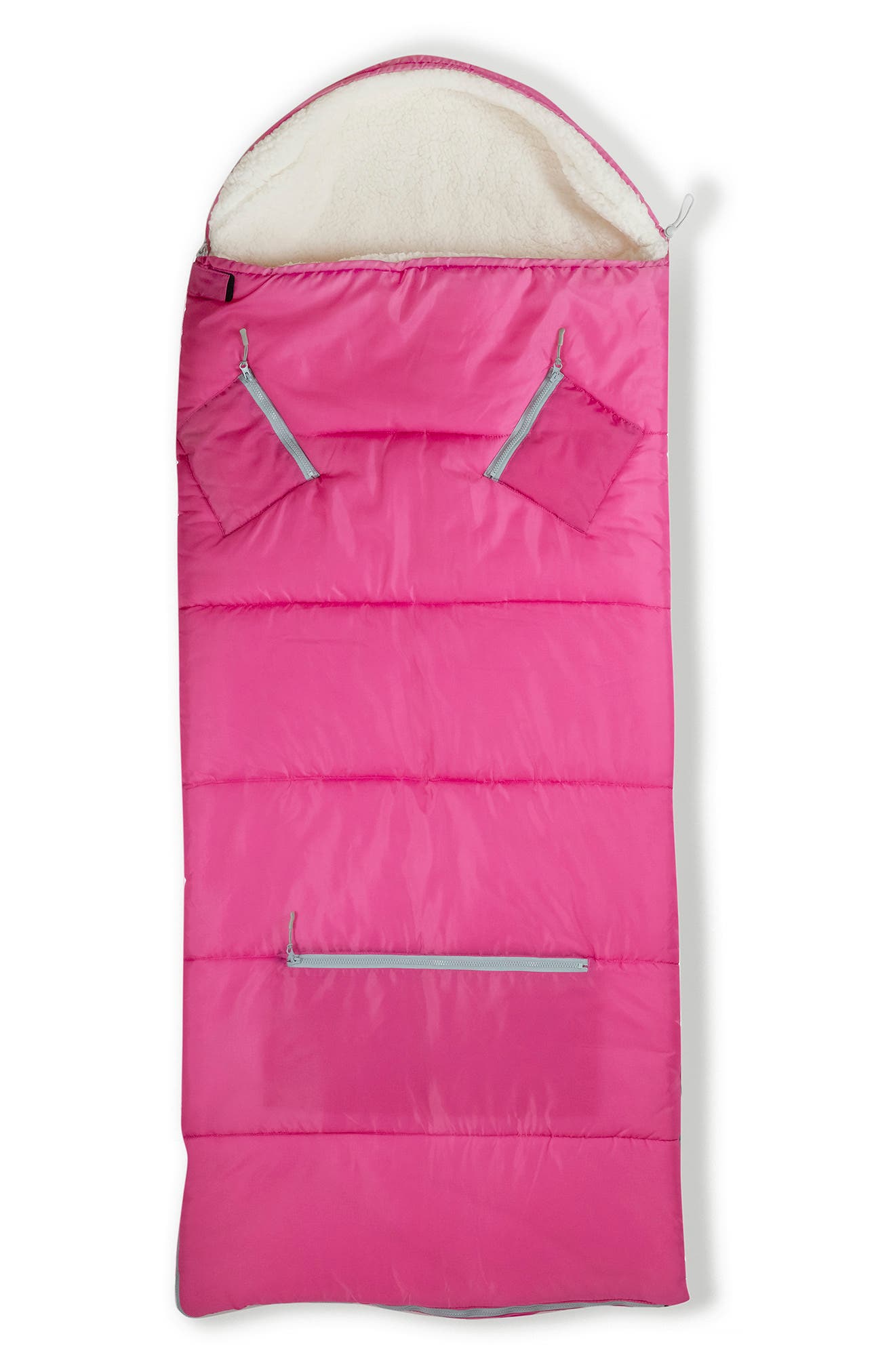 mimish Kids' Sleep-n-Pack Faux Shearling Lined Sleeping Bag Backpack, Alternate, color, Hibiscus Pink/ Coconut White