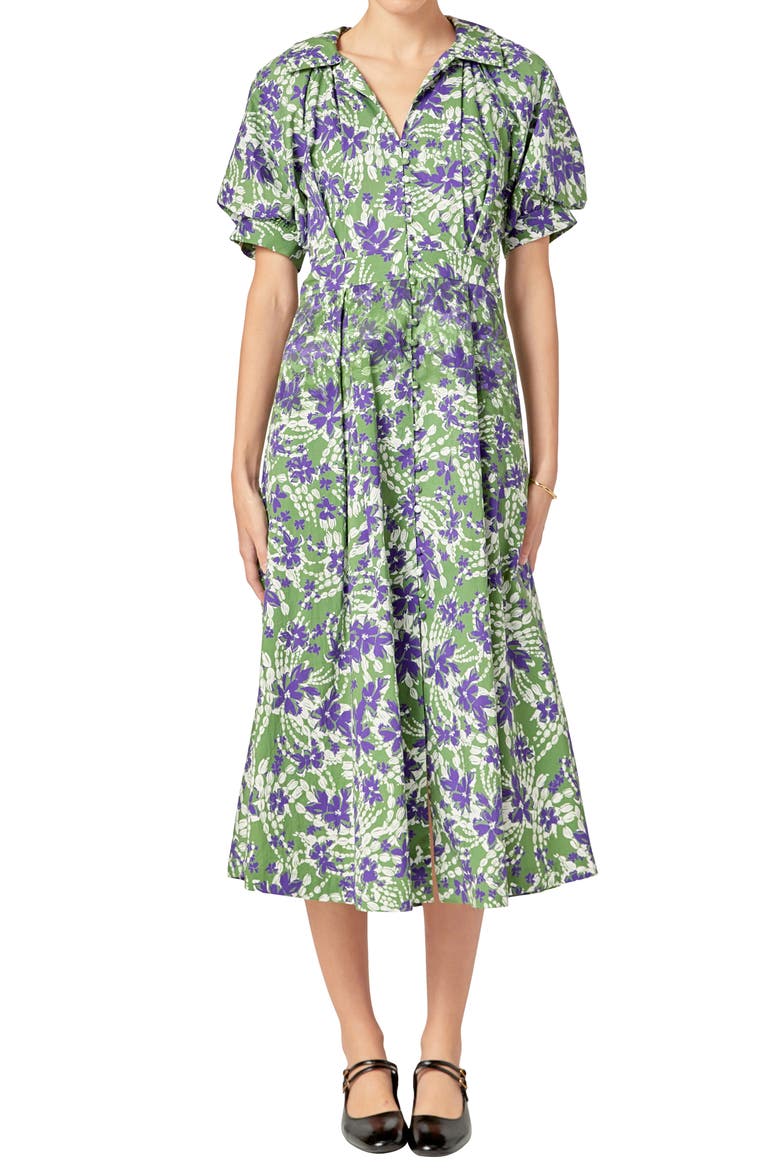 Print Pleat Midi Dress, Alternate, color, OLIVE MULTI