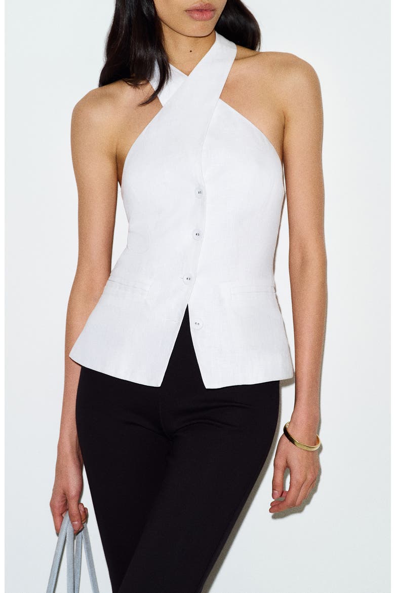 Tate Cross Neck Linen Top, Main, color, WHITE